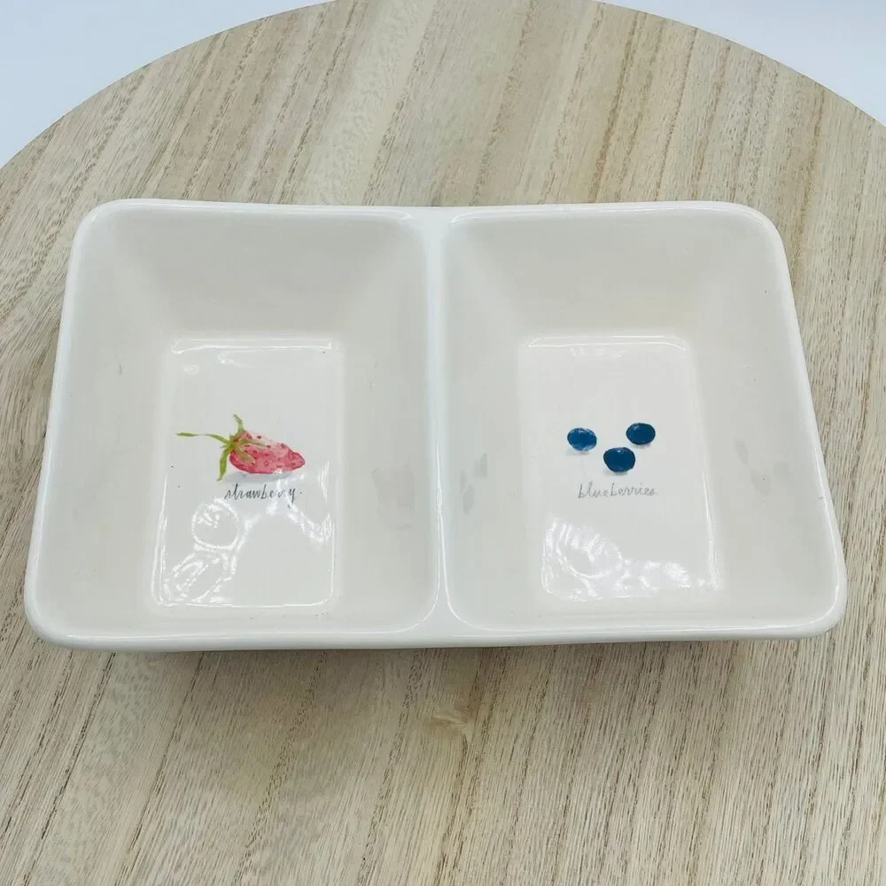 Rae Dunn Divided Fruit Tray DIsh Connected Bowls Strawberries & Blueberries